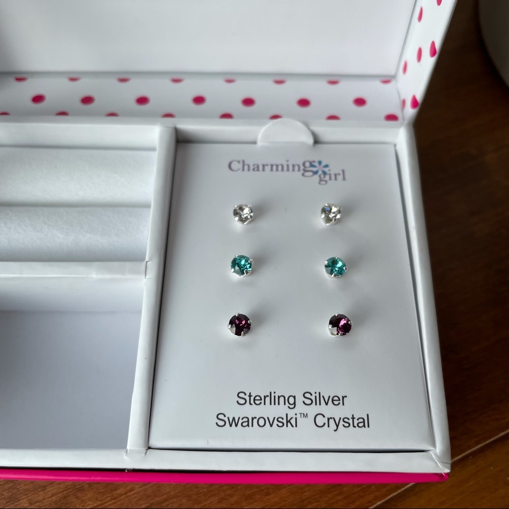 3 SETS STERLING SILVER SWAROVSKI CRYSTAL EARRINGS W/BOX NEW